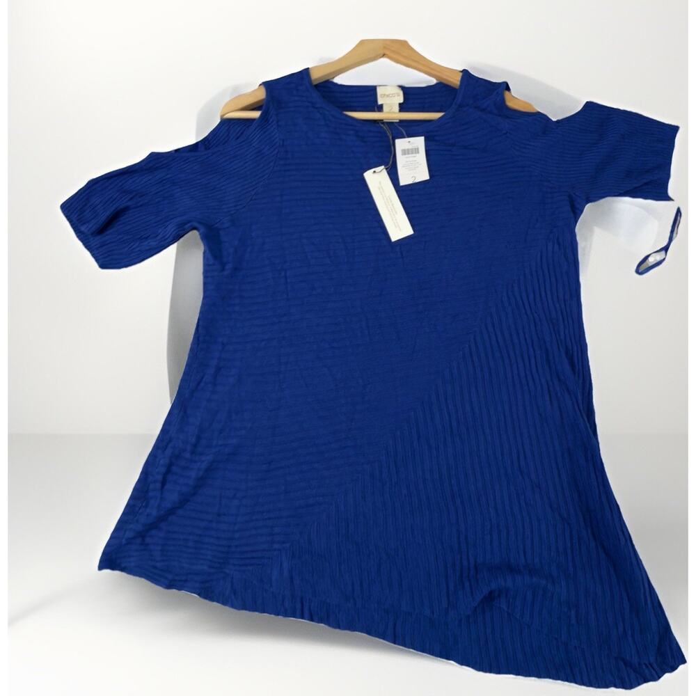 Chico's Pullover Sweater Rib-Knit Textured Cold Shoulder Blue 2 Women NWT